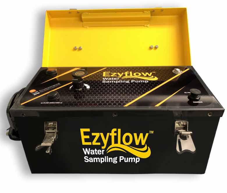 Ezyflow peristaltic groundwater sampling pump -front view - lid open carried by Waterra