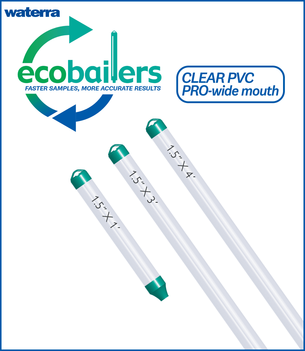eco Bailer PRO wide mouth groundwater sampling - clear PVC bailers carried by Waterra