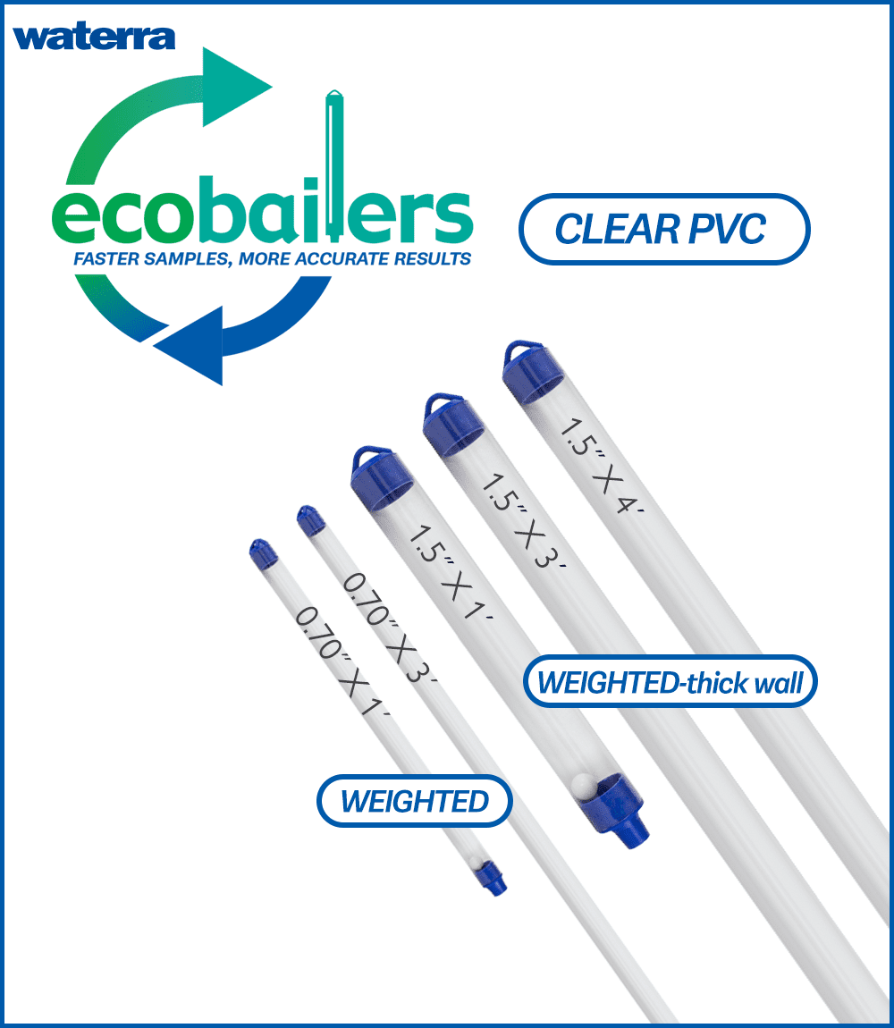 eco Bailer Weighted and Thick Wall groundwater sampling - clear PVC bailers carried by Waterra